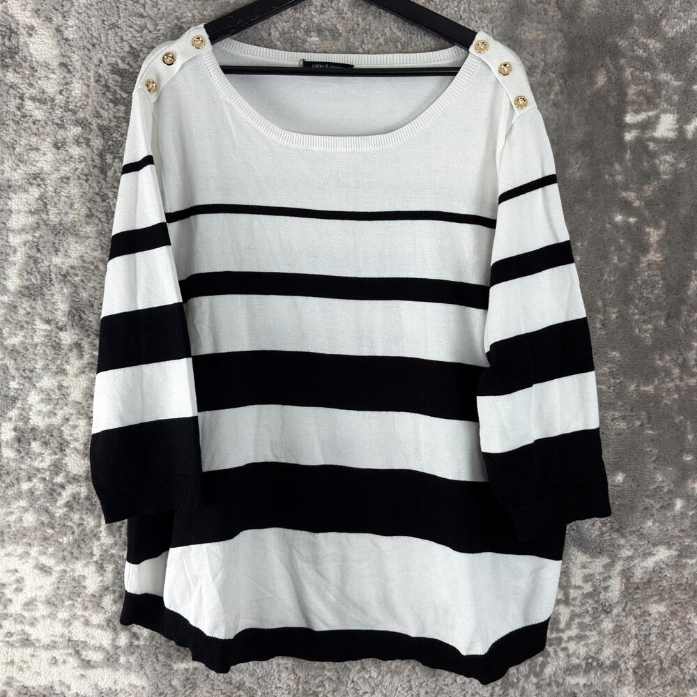Cable Gauge Size XXL Striped Casual Sweater Black White 3/4 Sleeve Pullover